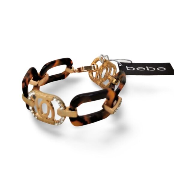Chic & Chunky BeBe Acrylic Resin Curb Link Tortoise & Gold 7” Bracelet JW1538 - Picture 1 of 4